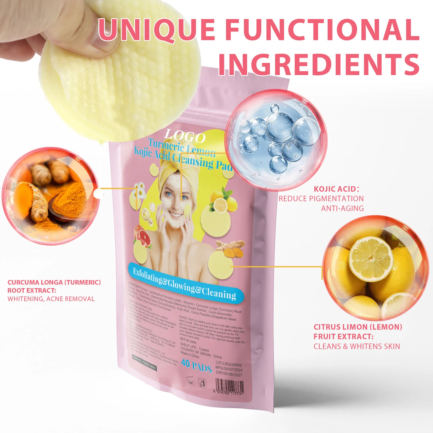 Aixin Private Label Facial Cleansing Pad Dark Spot Exfoliating Cleaning Pad Lighten Skin Tone Turmeric Acid Cleansing Pad