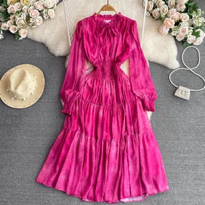 Fall Women's O-Neck Midi Dress Empire Lace Casual Tunic with Lace Front Logo Woven Solid Pattern Vestidos Elegantes Para Mujer