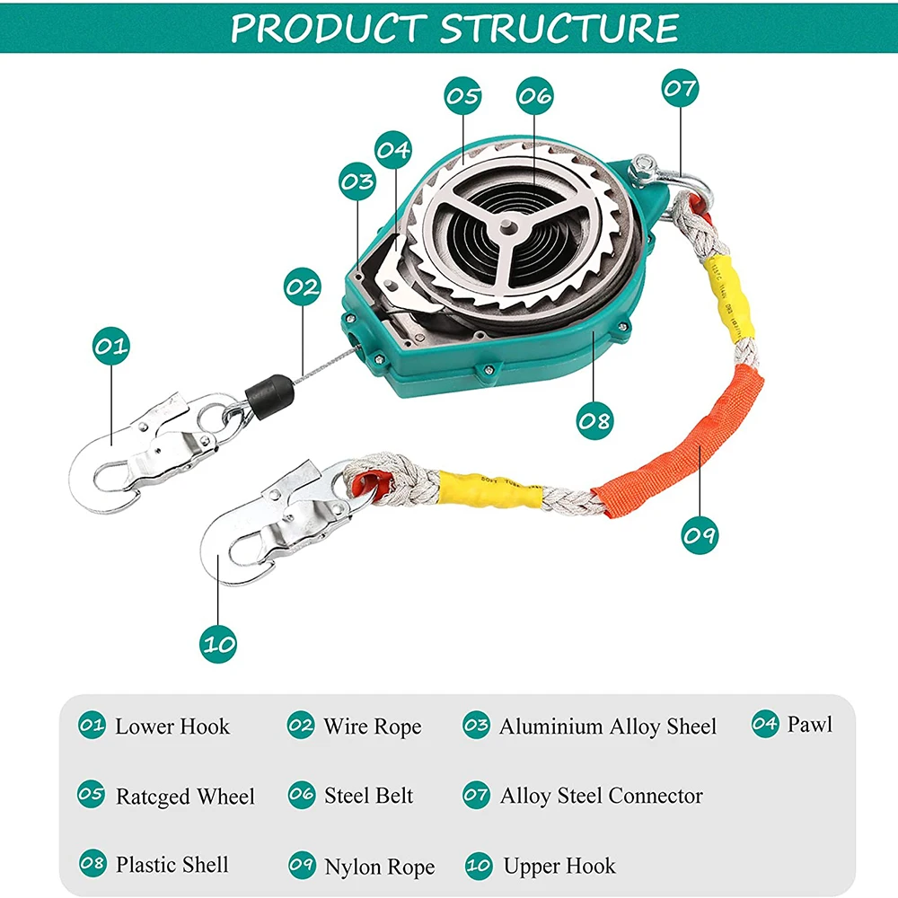 23ft Self Retracting Lifeline, 330lbs Fall Arrester Fall Protection Device with Alloy Steel Hook & Steel Wire Rope for Working High Above The Ground, Engineering Construction, Electrical Maintenance
