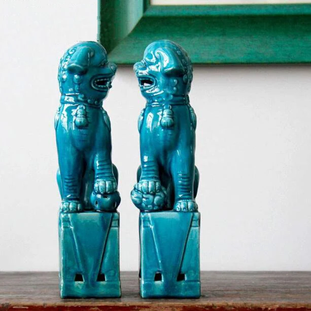 Middle  Size Blue Color Ceramic Fu Statue Home Decoration Standing Foo Dog
