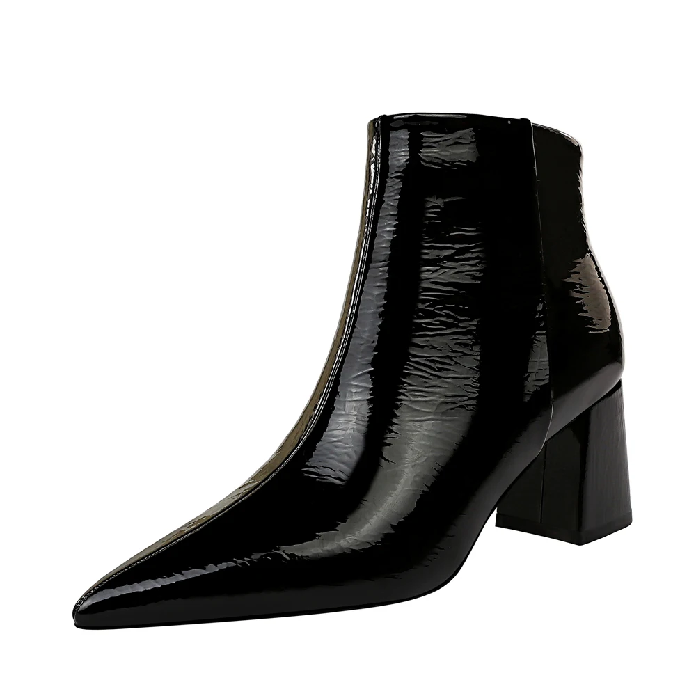  BIGTREE High Heels Ankle Boots Shiny Patent Leather