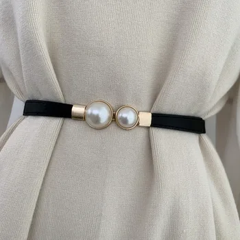 2022 New Designer Ladies White Belt Fashion Sweater Black Pu Leather Pearls Belt For Women Dress Cloth