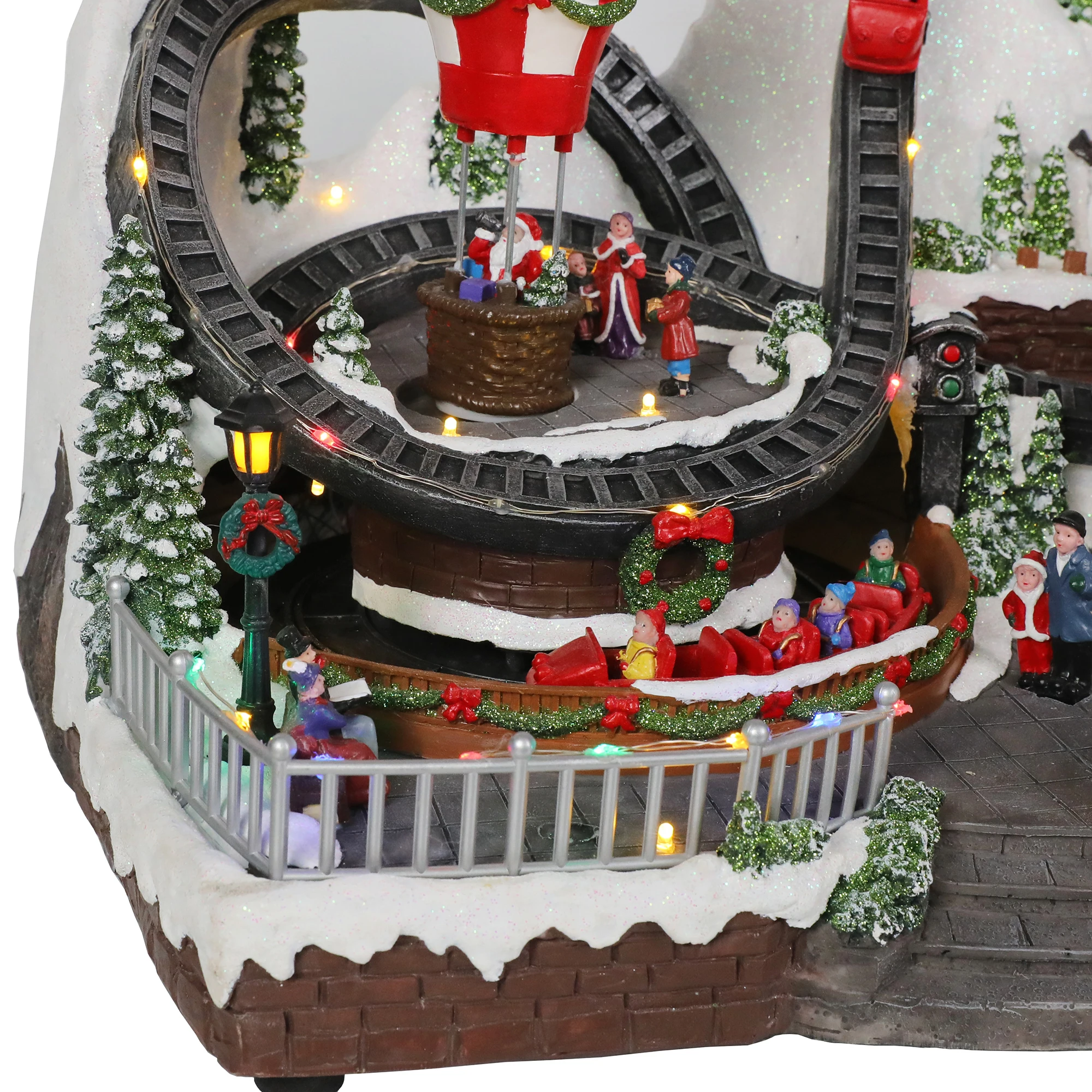 LED Light Moving Christmas Fun Fair Carousel and Hot Balloon Moving Train and Xmas Tree Handmade Sculpture Musical Craft