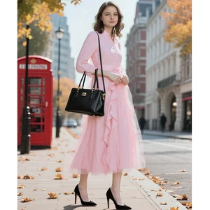 Factory Wholesale Runway Fashion Midi Dress Women Spring Summer Long Sleeve Ruffles Bandage Socialite Parties Stage Performances