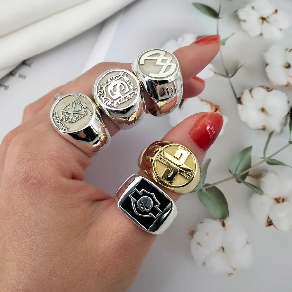 Custom Engraved Signet 15mm Round Men Ring Personalize Laser Engraved  Initial Signet Ring Unisex Pinky Ring S925 Jewelry