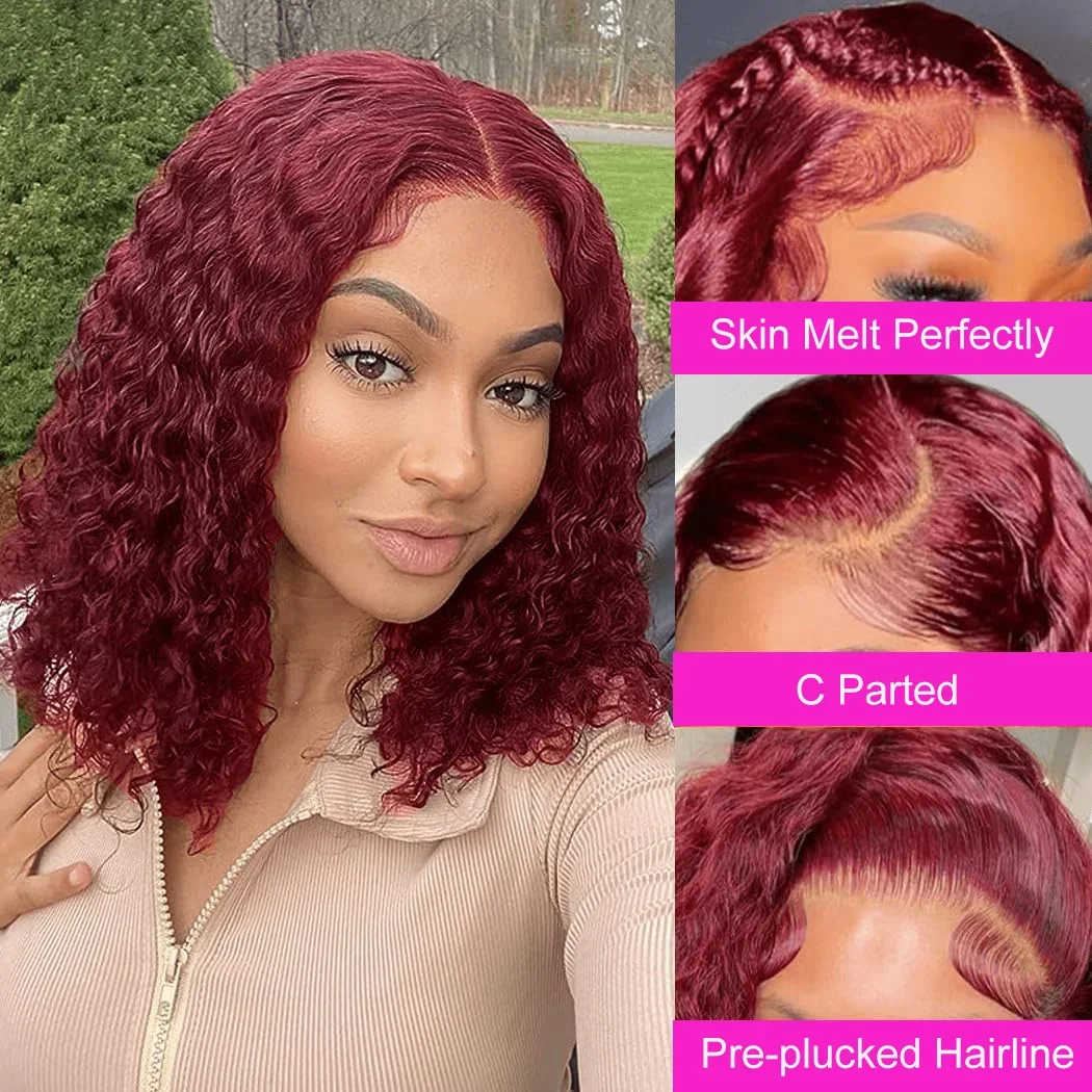 Burgunder Echthaar Lace Front Perücke Kurzer Lockiger Bob Remy_voghion.com