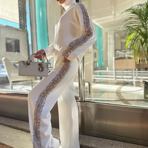 Office Lady Regular Spring 2025 Sequins Splice Tops Turtleneck Loose Fit Straight Pants Two Piece Women Elegant Pant Sets