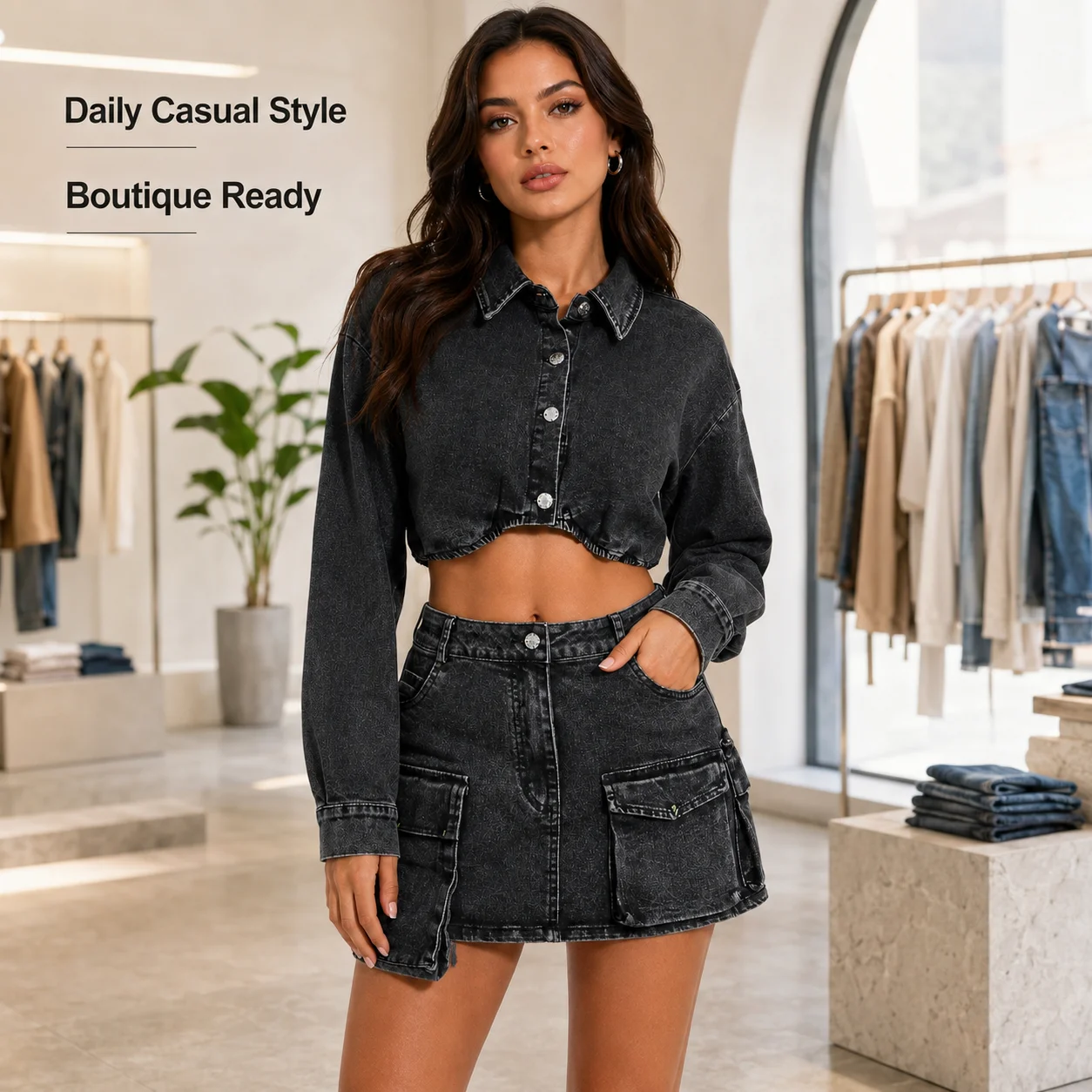 High Quality Women's Denim Jacket Outfits Stretch Cotton Crop Jacket Shorts Solid Knee Long Matching Two Piece Jeans Skirt Set