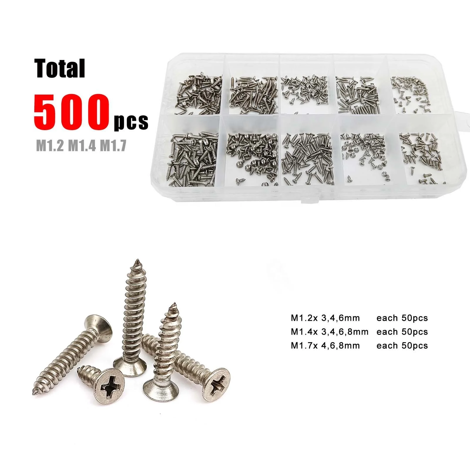 50Pcs M1.4*3-8mm Countersunk Flat Head Self Tapping Wood Screws Set A2 Stainless 