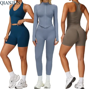 Wholesale 4-Piece Gym Fitness Seamless Sets V-Neck Sports Vest High Waist Leggings Activewear for Women Sports