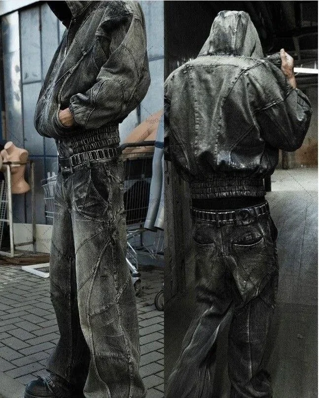 Salati Y2K Men's High Baggy Jeans Hip Hop Punk Stonewash Sun Faded Stone Wash Vintage Distressed Cargo Trousers Button Print gallery 2