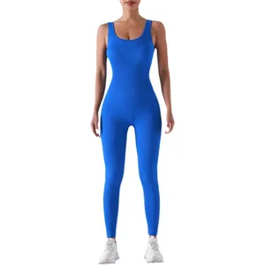Women's Seamless Gym Fitness Yoga Legging Jumpsuit Long Sleeve Ribbed Sport Bodysuit With Print for Adult Workouts