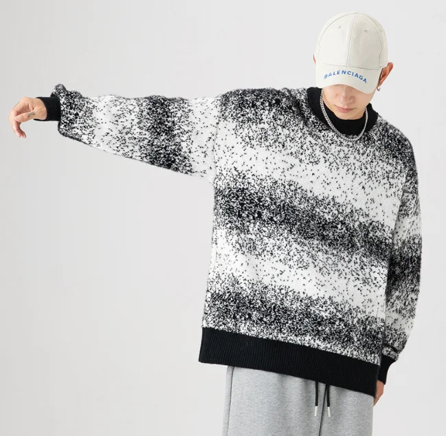 Streetwear Male Knit Sweater Men Striped Jacquard Print Autumn Winter Oversized Sweaters