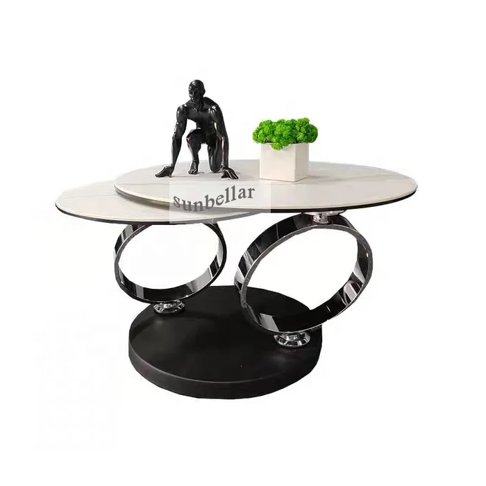 新しいデザイン大理石コーヒーテーブルセット2ピース回転SSstand 2層