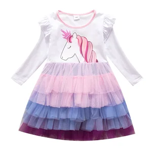 Fashionable Wholesale Girl's Cartoon Long-Sleeved Unicorn Winter & Fall Tulle Dresses for 2- 14 Years
