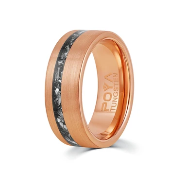 Poya 4mm 8mm Rose Gold Plated Brushed Tungsten Promise Band Real Meteorite Shaving Wedding Ring