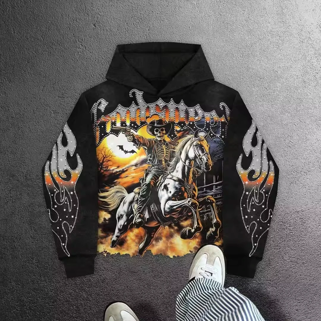 SALATI Custom Heavyweight High-Quality Hot-Fix Rhinestone DTG Print 100% Cotton Irregular Hem Screen-Printed Pullover Hoodie