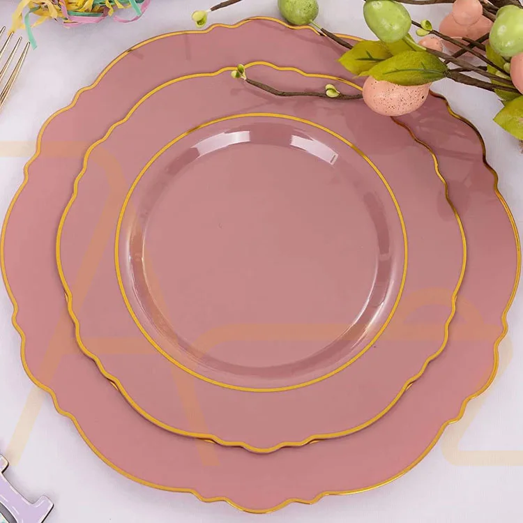 Hot Selling Bulk Sales Plastic Dinner Plates Set Cutlery Pink Gold Rim
