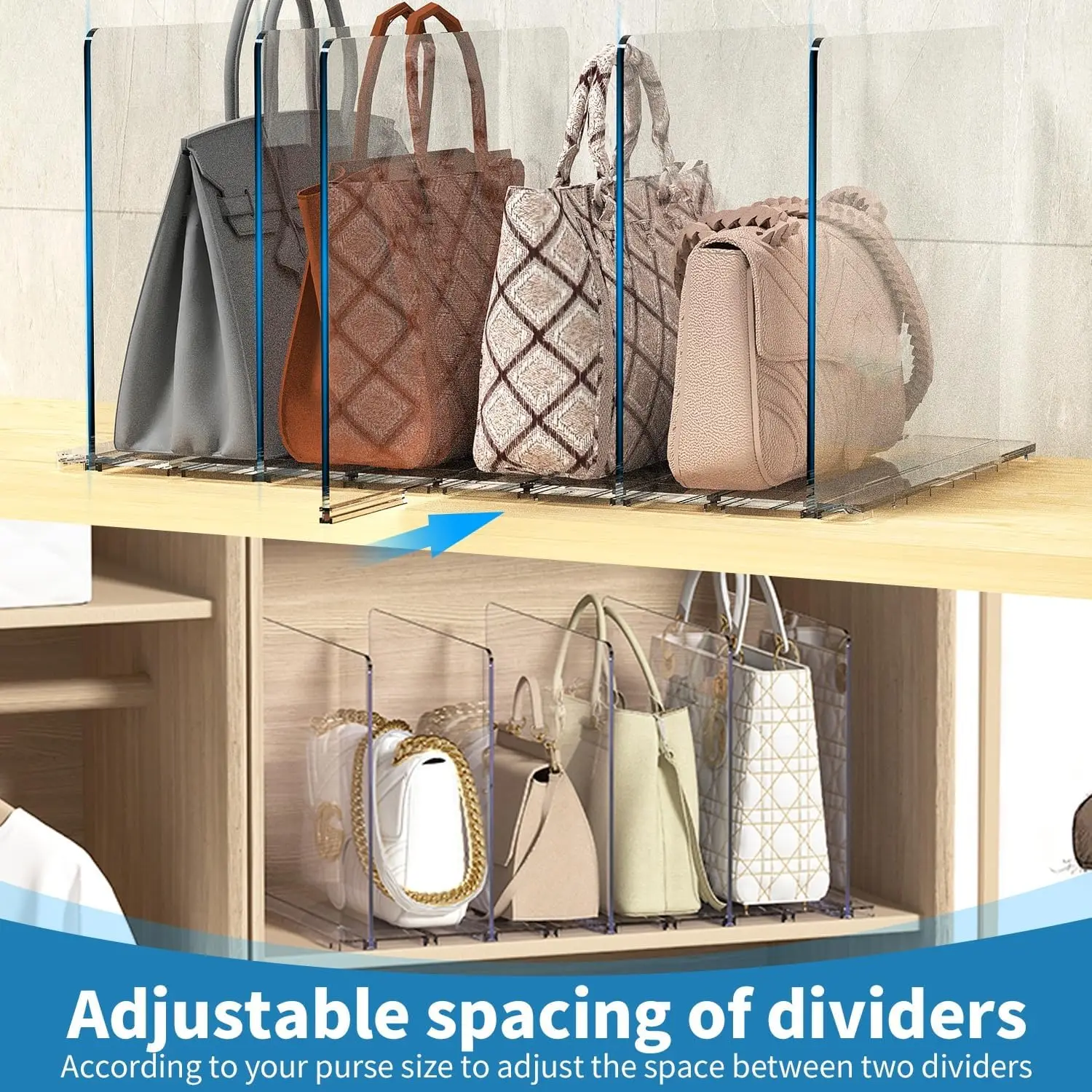 Clear Shelf Dividers For Closet - Adjustable Purse & Bag Organizers, 2 Base & 8 Divider Set