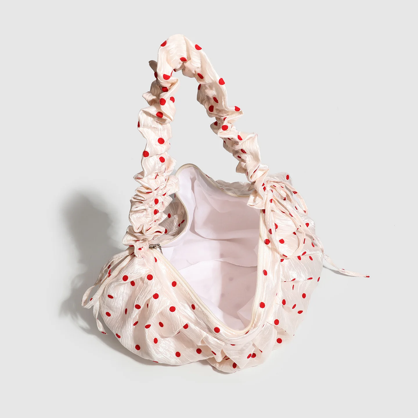 2026 New Style Spring Summer Ruffle Polka Dot Dumpling Bag Drawstring Zipper Pink Underarm Zipper Shoulder Bag for Women