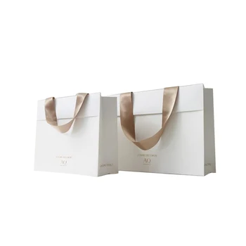 Luxury ribbon handle white boutique shopping packaging art paper bag customized printed logo paper gift bags