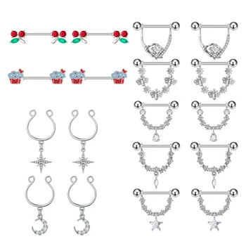 Set of 5 Indian Cherry Ice Cream Drop Flowers Non-Piercing Nipple Rings 316L Steel Body Jewelry for Weddings Wholesale