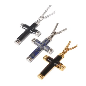 18K Yellow Gold Plated Tiger Eye Black Onyx Gemstone Pendant Necklace Men Stainless Steel Cross Pendant