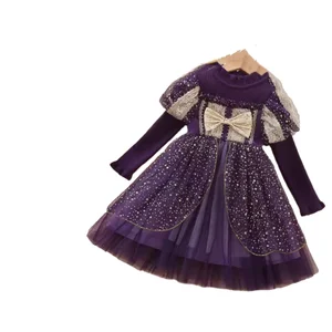 Customizable Winter New Arrival Long Sleeve Sequined Bows Girls Sweater Dresses Purple Party Dress Sparkling Princess Dress