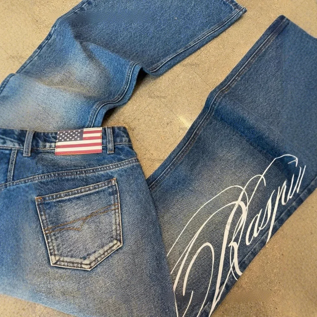 Fashion High Street Retro Harajuku Blue Printed Denim Mid Waist Y2K Straight-leg Jeans