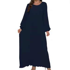 Wholesale Middle East Muslim New Women Elegant Fashion Solid Color Long Sleeve Round Neck Dress
