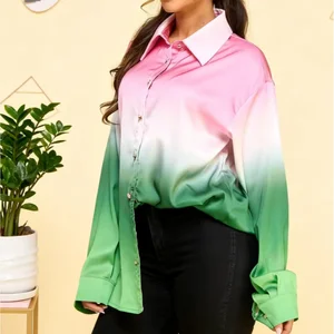 Women's Casual Button Cold-Dyed Candy Color Woven Satin Loose Wide Sleeve Long Shirt Work Autumn Winter Spring XL Fashionable