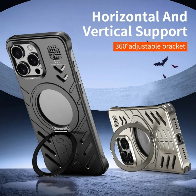 Aluminum Metal Hollow Magnetic Phone Case for iPhone 15 16 Pro Max Shockproof Armor Bumper With 360 Rotating Hidden Kickstand