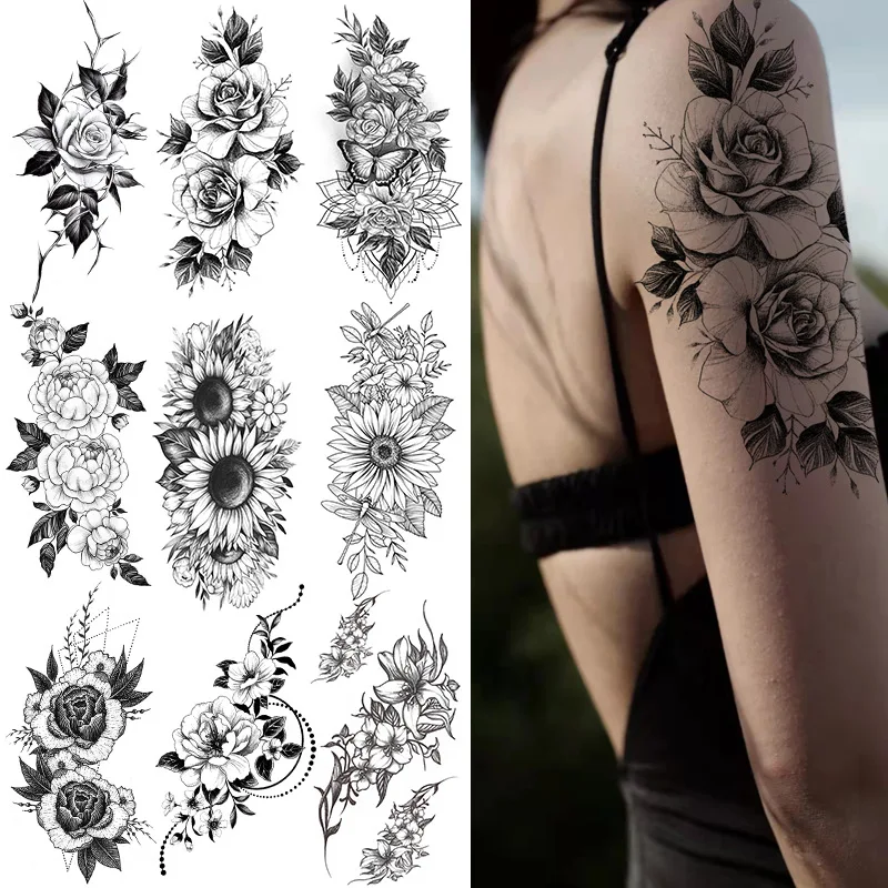Petal 3d Black Flower Rose Waterproof Body Art Arm Sketch Tattoo Stickers  For Girls Shoulder Arm Temporary Tattoo Stickers - Buy Tattoo Stickers For  Body,Stick On Tattoos For Women,Temporary Body Tattoo Decals