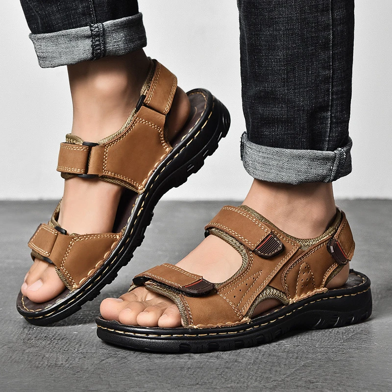 Classic Design Non-slip Open Toe Outdoor Trekking Leather Upper Summer Beach Flat Sandals