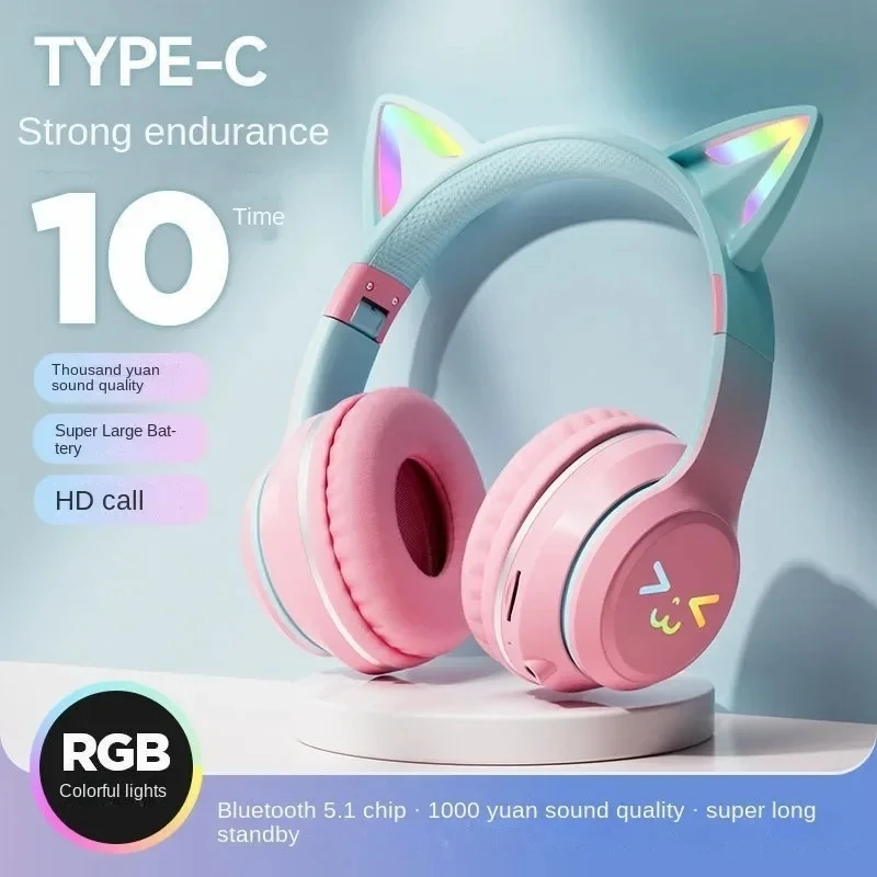 Cute Cat's Ear Blue Tooth Headsets Gradient Color Wireless Foldable Gaming  Headphones with Mic Noise Cancel Earphone