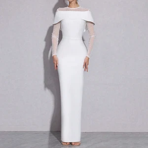 ZYHT 70052 Elegant Beads White Dresses Big Size Maxi Round Neck Wedding Guest Evening Luxury Long Sleeve Prom Dress for Women