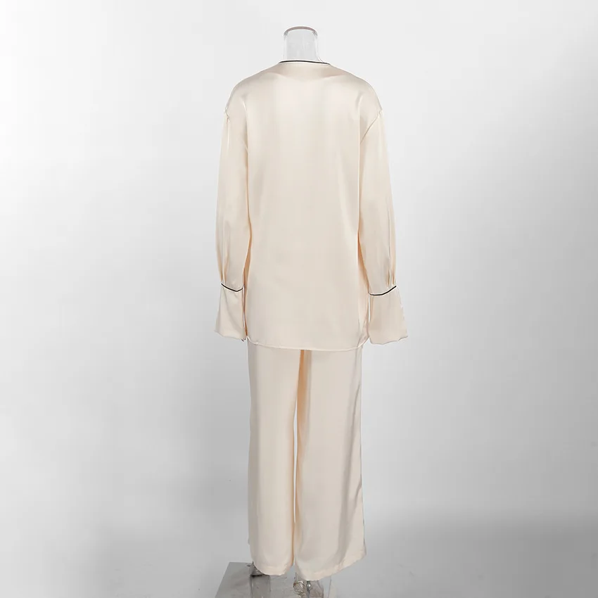 Womens Satin Pajama Set Soft Polyester Long Sleeve Wrap Pants Two Piece Loungewear — detail