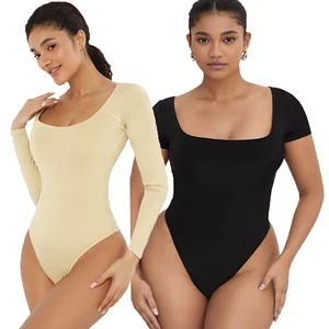 Tummy Control Short Long Sleeve Square U Neck Slimming Basic Plus Size Body Shaper Suit Tops Shapewear Bodysuits for Women