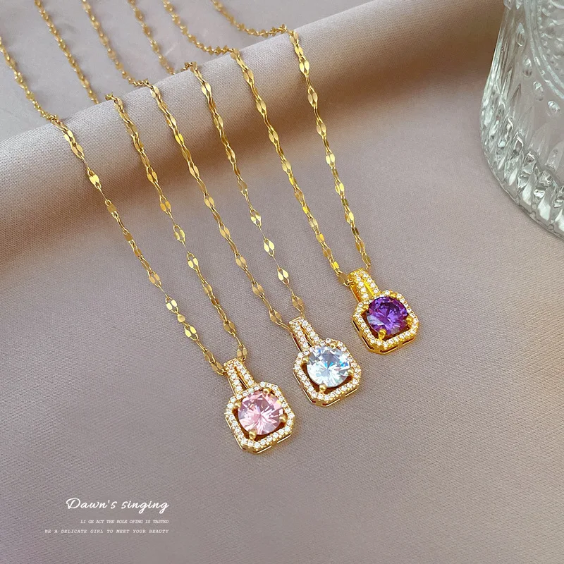 Vintage Rust Steel Zircon Necklace Square Water Droplet Chain Copper ...