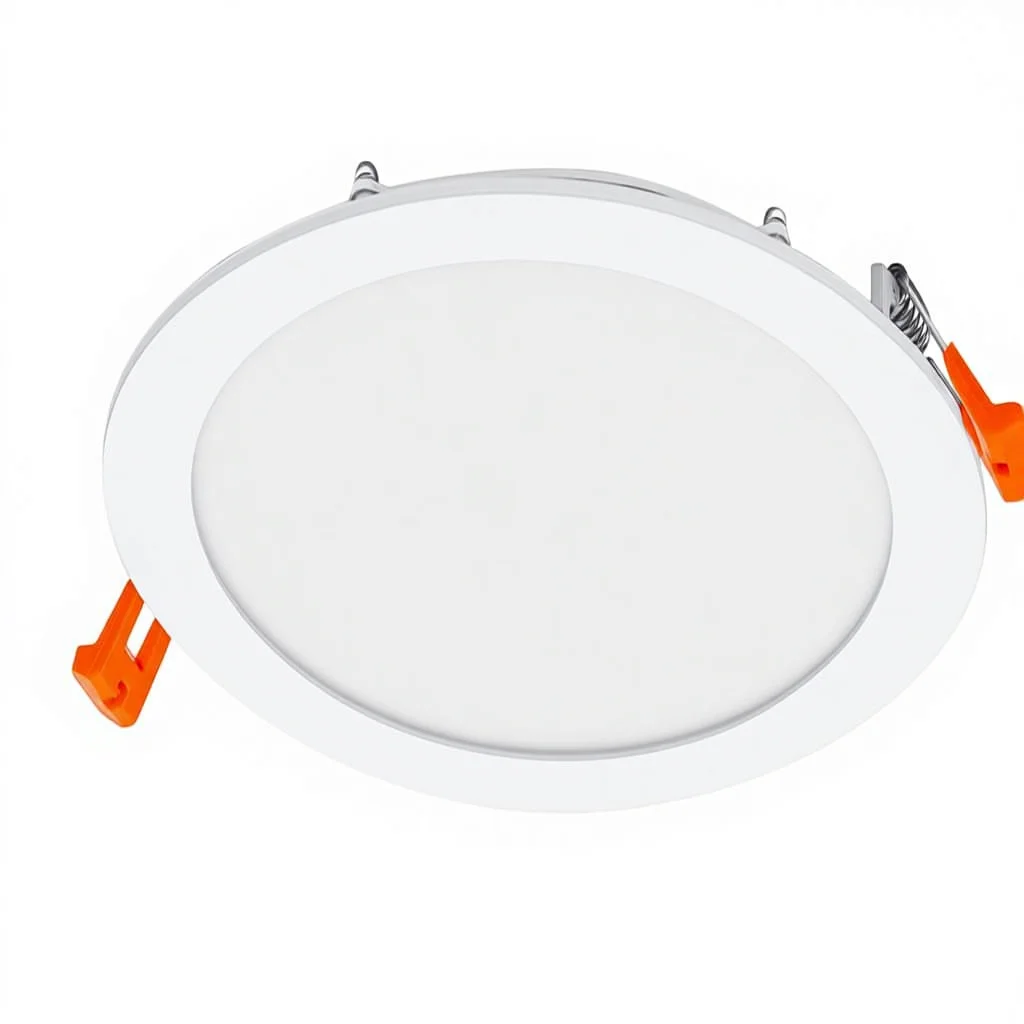 För inbyggd platt nedåtriktad LED-lampa, diameter 225 mm, effekt 22 W, kallt vitt, ljusstyrka 2000 lumen, platt design, IP20, enkel installation, vardagsrum, kök