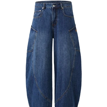 Scimitar Style Design Patchwork Baggy Denim Jeans for Men Fashionable Japanese Street Style Unisex Long Oversized Pants for Men