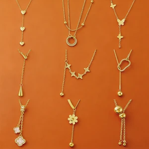 MW Indian 18 Non Tarnish  Gold Plated Jewelry 316l Pull-out Long Pendant Round Ball Butterfly Stainless Steel Necklace Jewelry