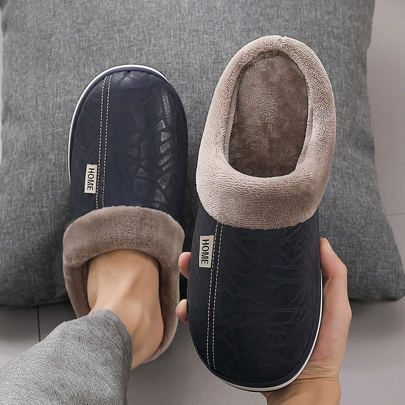 Men's Women's PU Leather Winter Fur Lined Couple Indoor Nonskid Cotton Slippers 