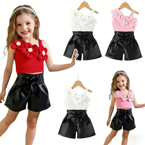 2026 Summer Toddler Girl Two Piece Set Fashion 3d Flower Knit One Shoulder Vest Leather Shorts Suits Kids Clothes