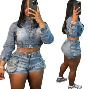 Women's New Trendy 3D Pocket Denim Crop Jacket Shorts 2 Piece Set Y2K Casual Female Clothing with Top