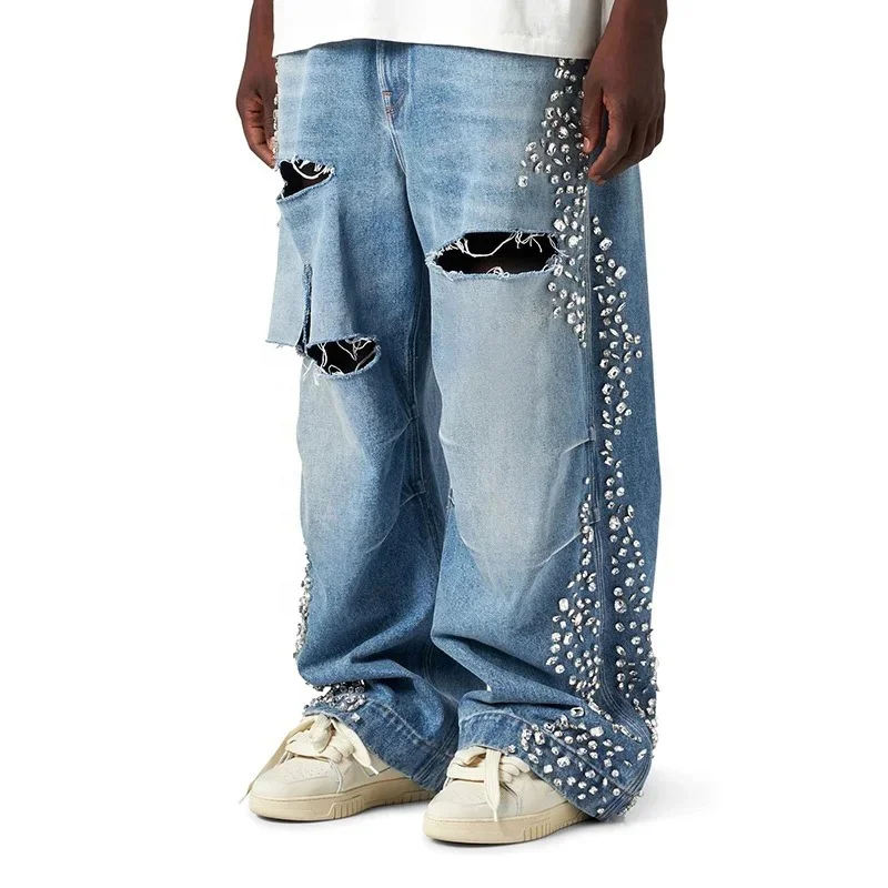 Salati Designer Y2K High Quality Wash Glitter Vintage Rhinestone Print Oversized Ripped Man Trousers Denim Pants Baggy Jeans Men gallery 3