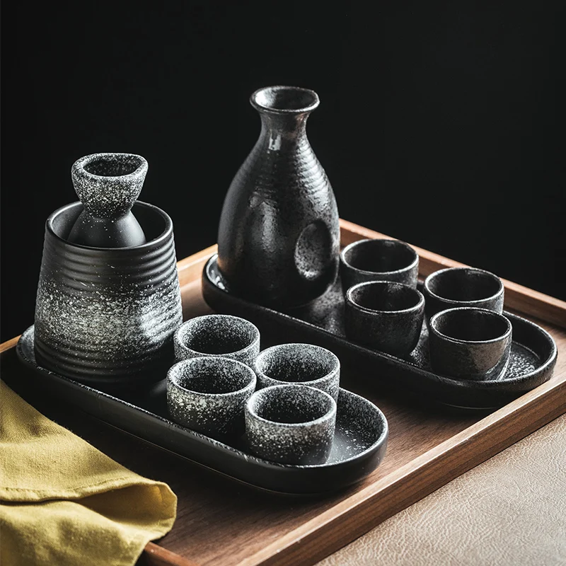 Ceramic Sake Set with Warmer Japanese Style Porcelain Hot Saki Drink Warmer Set  of 5 with 1 Sake Bottle and 4 Sake Cups