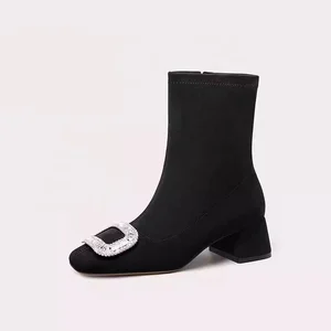 Temperament Sexy Ladies Shoes Rhinestone Fastener Square Toe Stiletto High Heels Women Ankle Boots