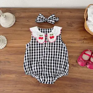 Summer Cherry Plaid Jumpsuit Casual Sleeveless Outfit Pattern Baby Girl Rompers Baby Outfits
