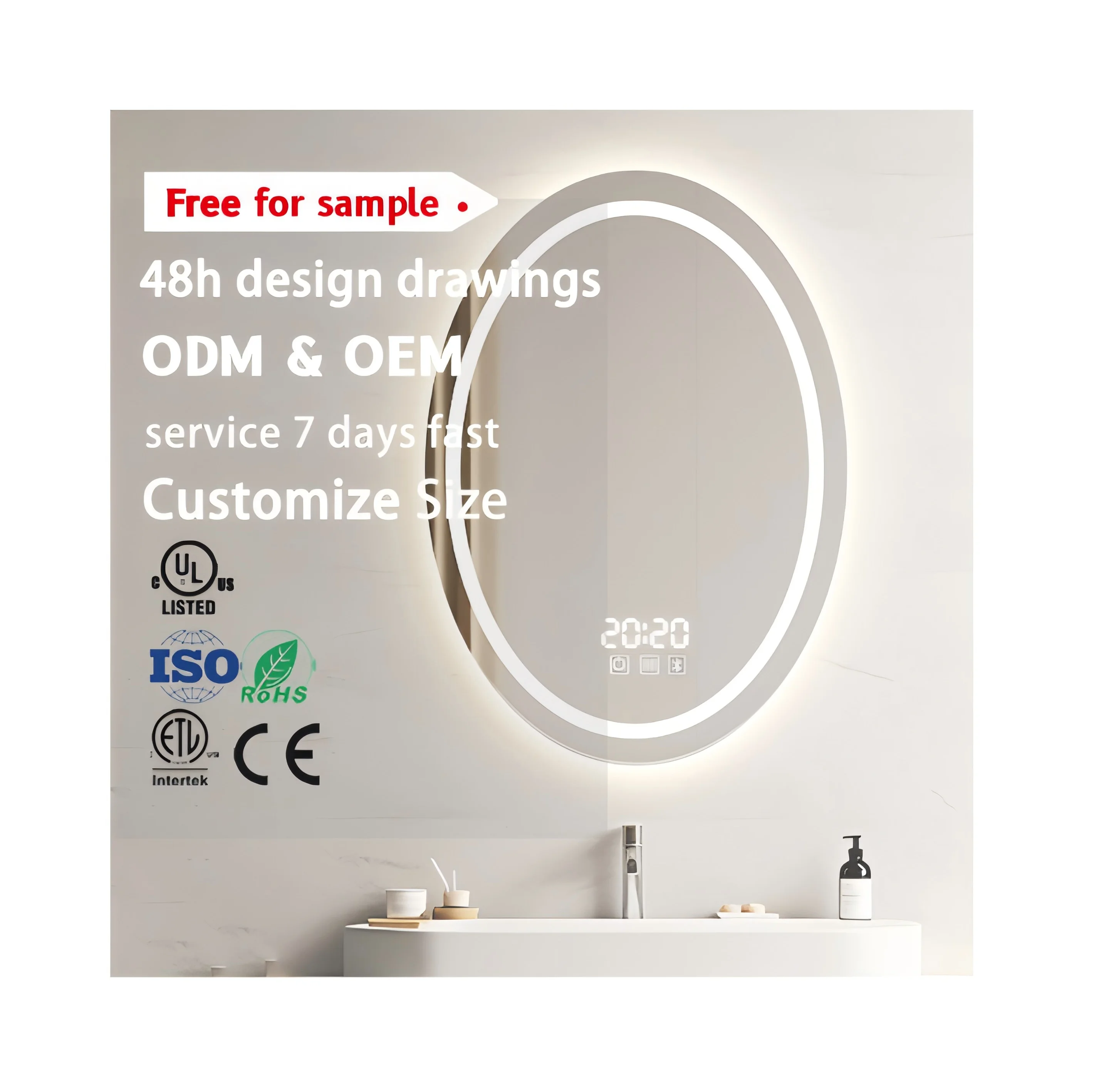 Touch Screen Smart Makeup  Mirror LED Bathroom Mirror Wall Mounted Oval Smart Bathroom Mirror with Interactive Control for Hotel